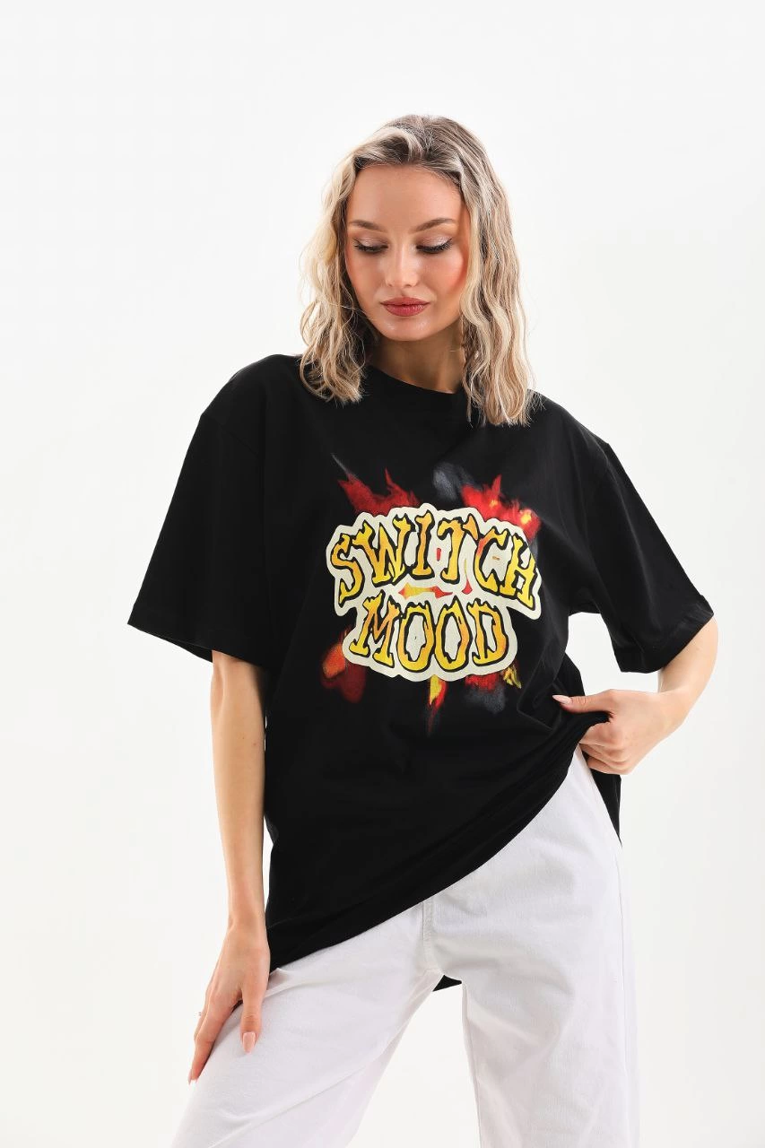 ASSEMA Kadın Baskılı Oversize  Kısa kol T-Shirt - Siyah