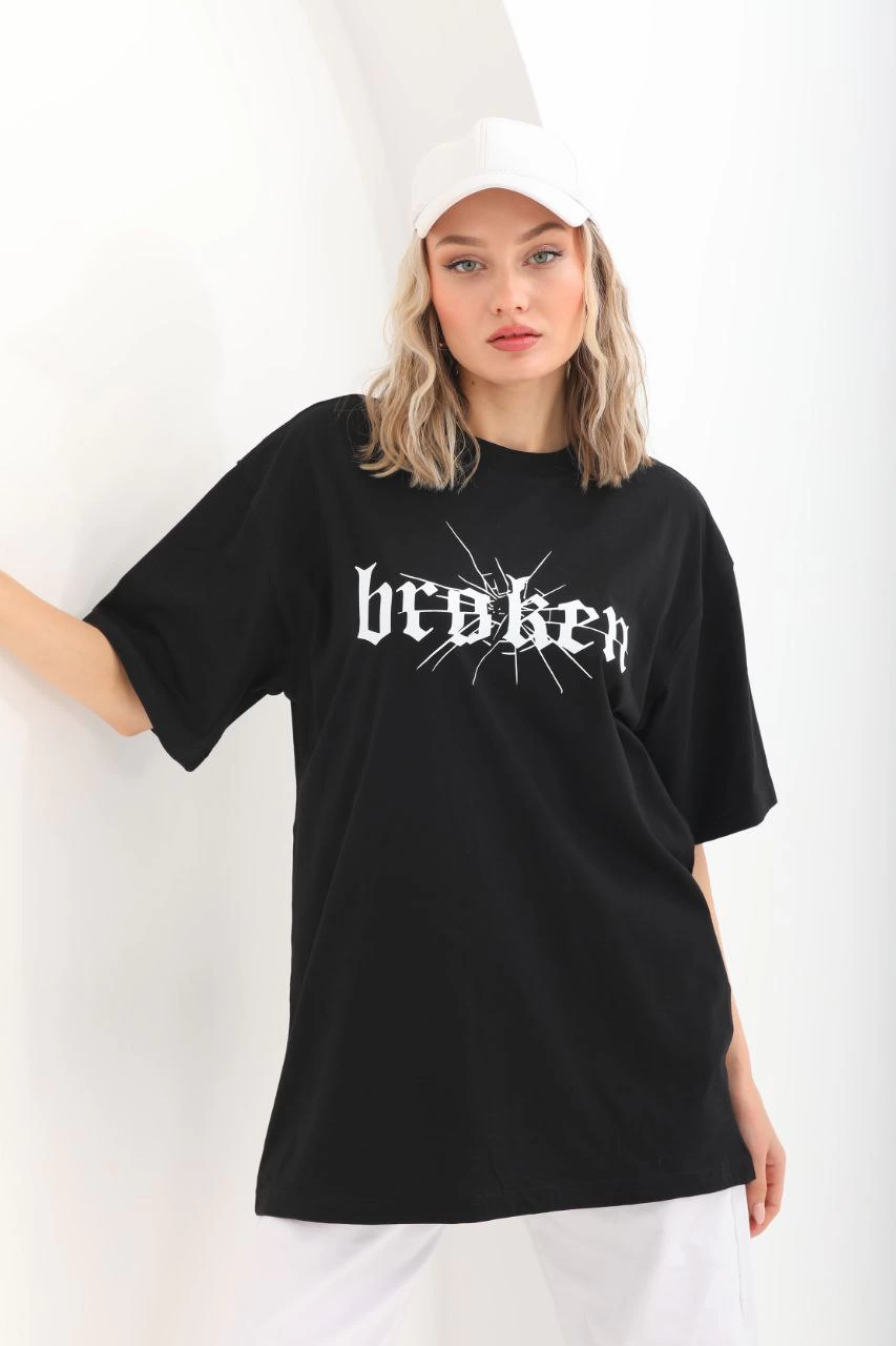 ASSEMA Kadın Baskılı Oversize T-Shirt - Siyah