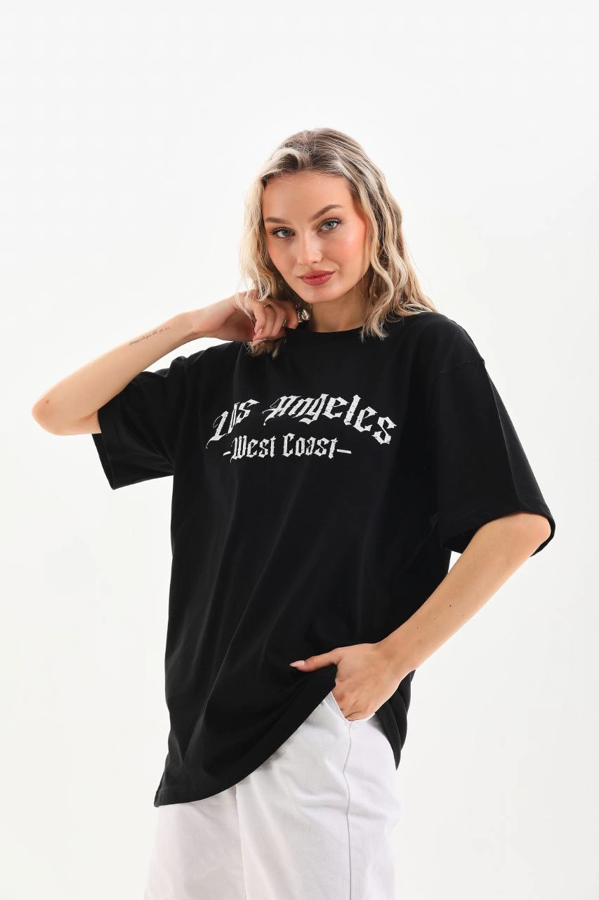 ASSEMA Kadın Baskılı Tişort Kısa Kol Bisiklet Yaka Ovarsize T-Shirt -  Siyah