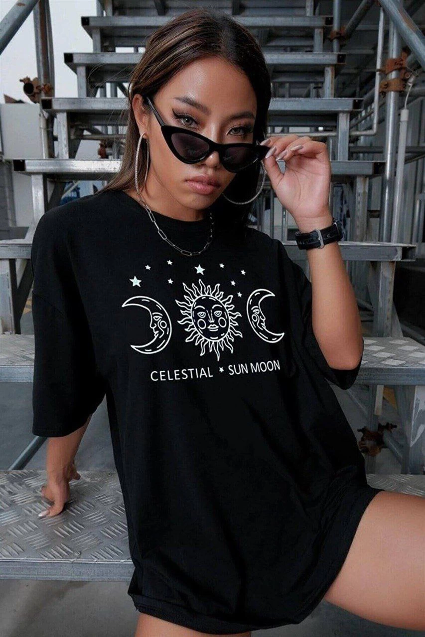ASSEMA Kadın Baskılı T-Shirt Kısa Kol Bisiklet Yaka Ovarsize Rahat Kalıp Tişört - Siyah