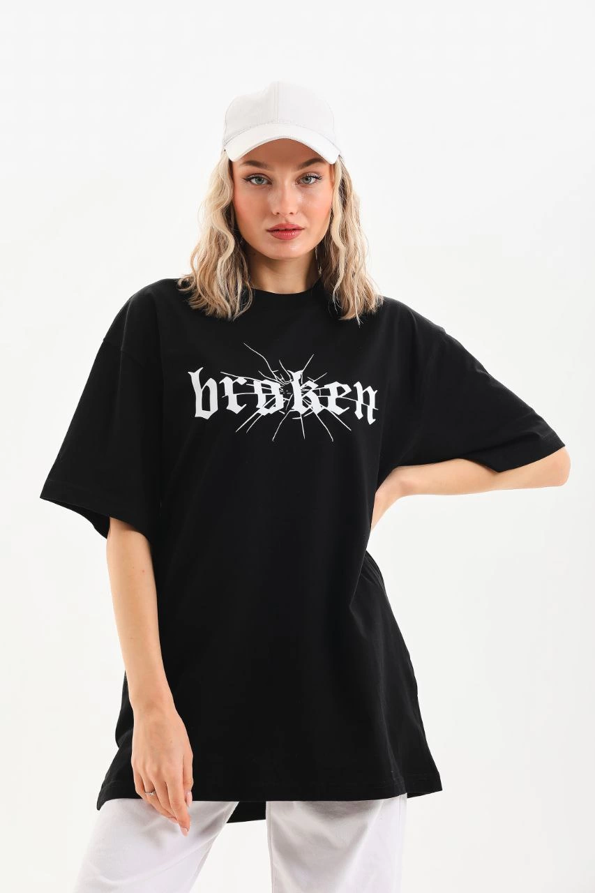 ASSEMA Kadın Baskılı Oversize T-Shirt - Siyah