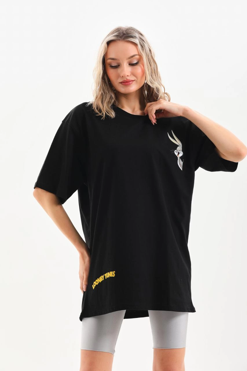 ASSEMA Kadın Baskılı Oversize Kısa kol  T-Shirt - Siyah