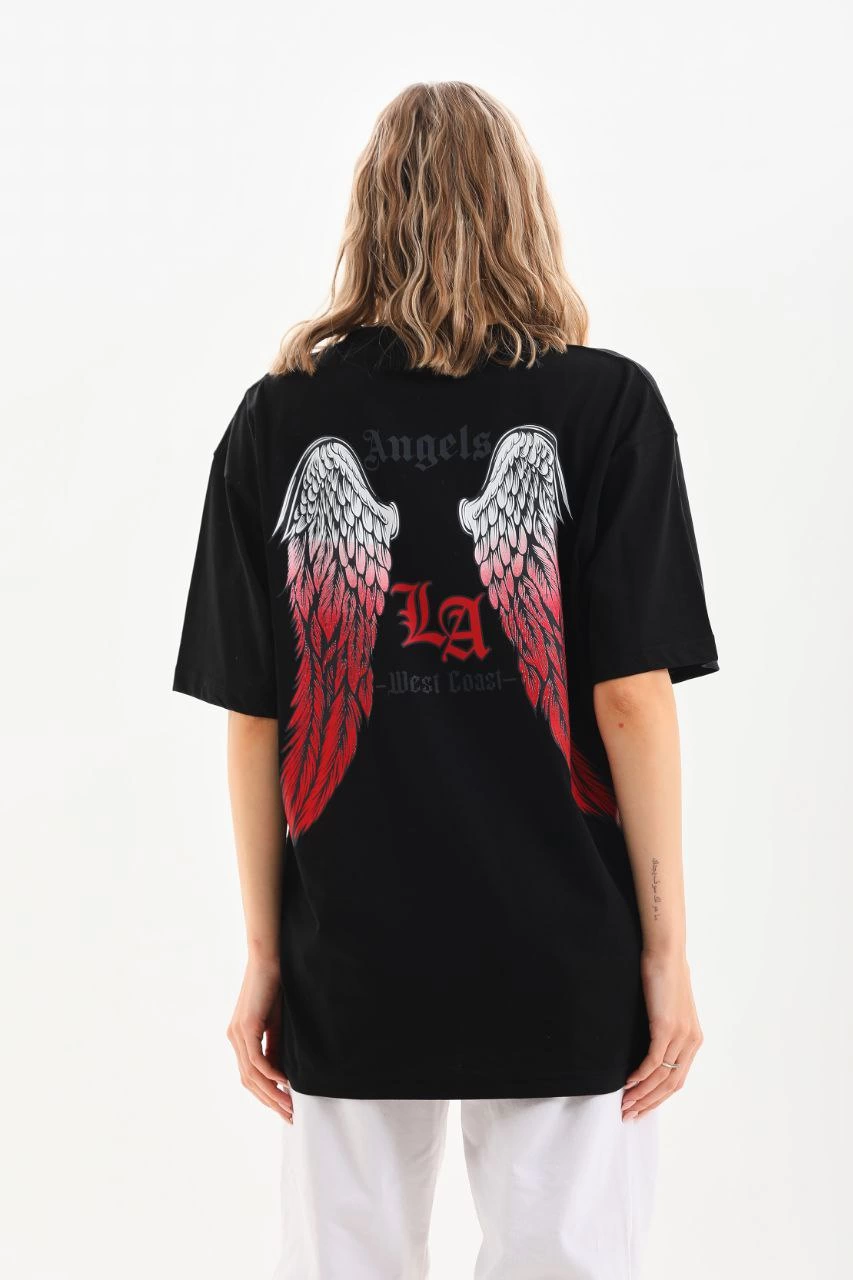 ASSEMA Kadın Baskılı Tişort Kısa Kol Bisiklet Yaka Ovarsize T-Shirt -  Siyah