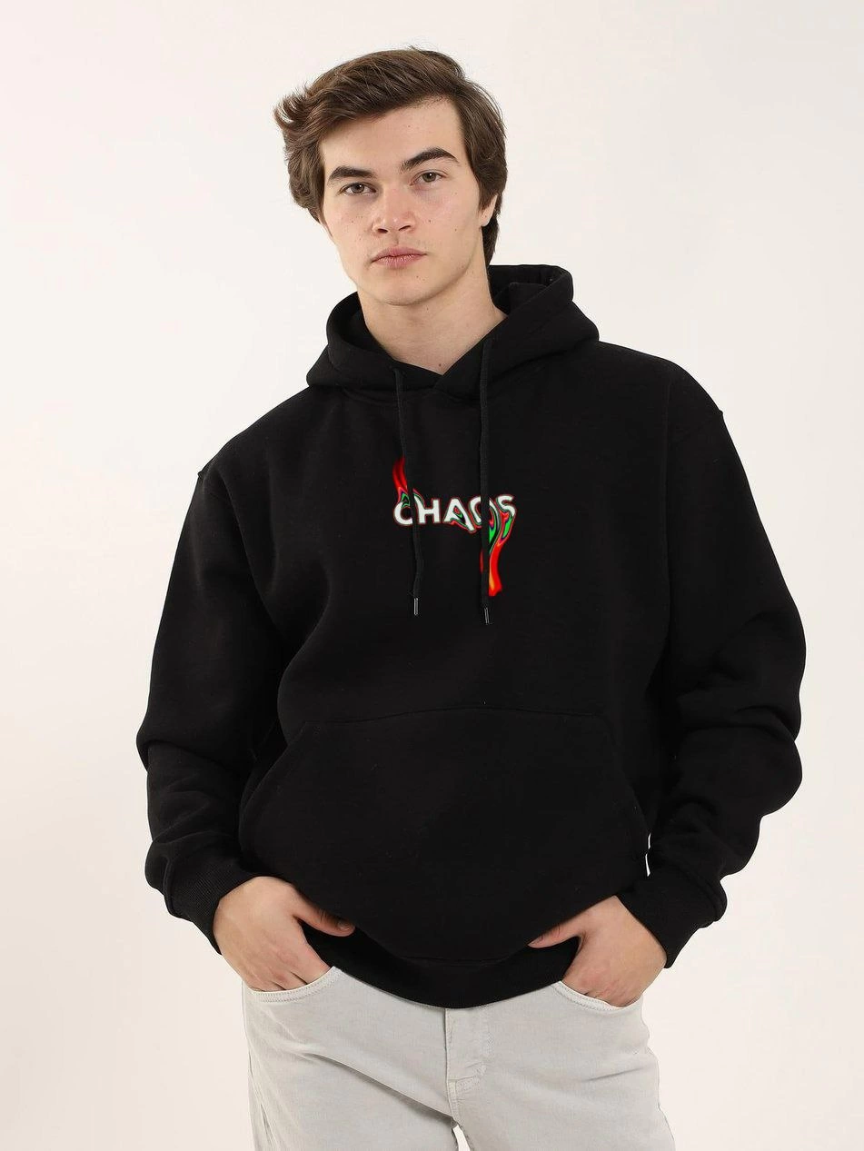 ASSEMA ERKEK Baskılı Oversize Üç İplik Kapüşonlu Sweatshirt - Siyah