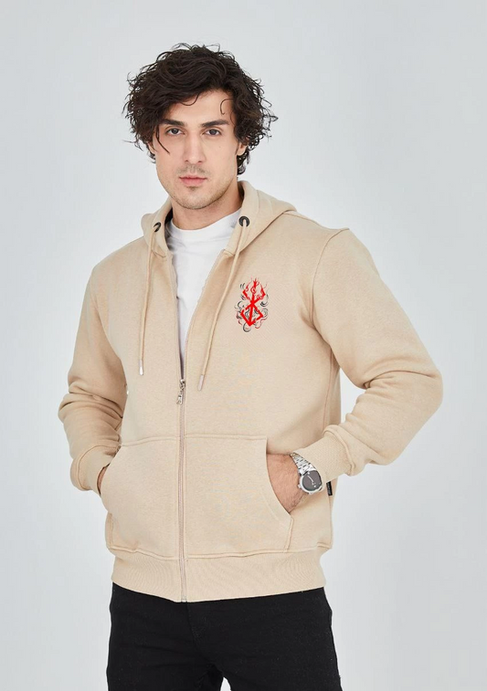 ASSEMA ERKEK Baskılı Tam Fermuarlı Kapşonlu SweatShirt - Bej