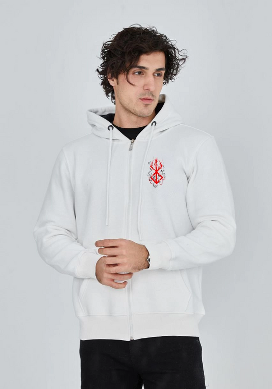 ASSEMA ERKEK Baskılı Tam Fermuarlı Kapşonlu SweatShirt - Beyaz