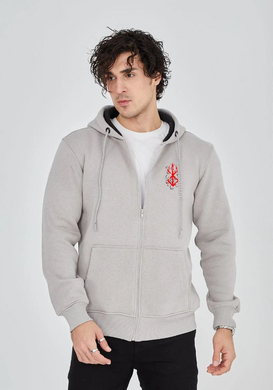 ASSEMA ERKEK Baskılı Tam Fermuarlı Kapşonlu SweatShirt - Boyalı Gri