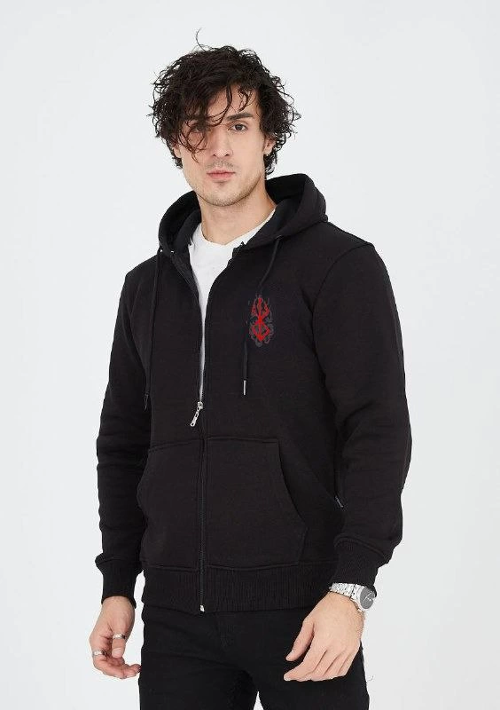 ASSEMA ERKEK Baskılı Tam Fermuarlı Kapşonlu SweatShirt - Siyah
