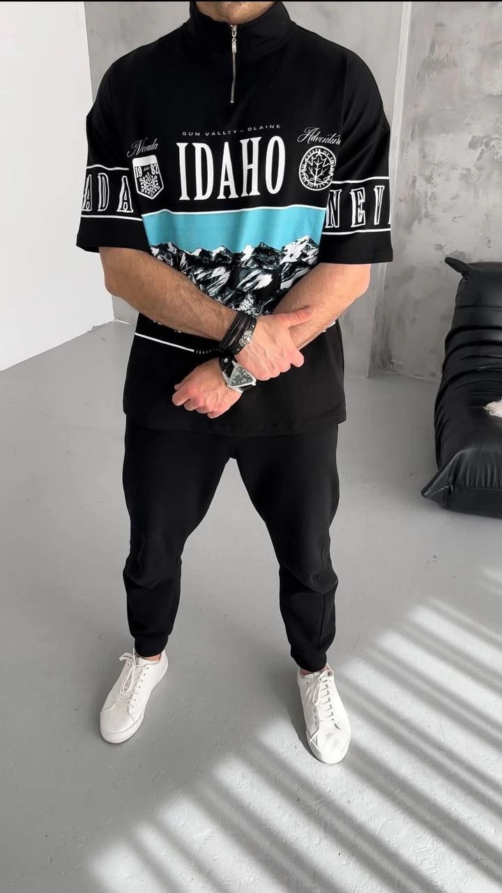 ASSEMA Erkek  Baskılı Yarım Fermuarlı  Kısa kol T-Shirt - Siyah