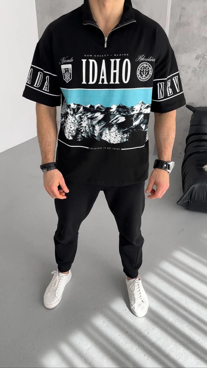 ASSEMA Erkek  Baskılı Yarım Fermuarlı  Kısa kol T-Shirt - Siyah