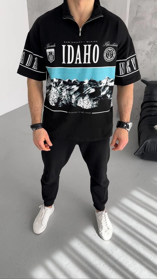 ASSEMA Erkek  Baskılı Yarım Fermuarlı  Kısa kol T-Shirt - Siyah