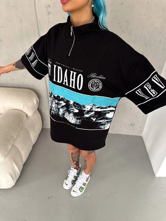 ASSEMA Kadın Baskılı Yarım Fermuarlı Kısa kol T-Shirt - Siyah