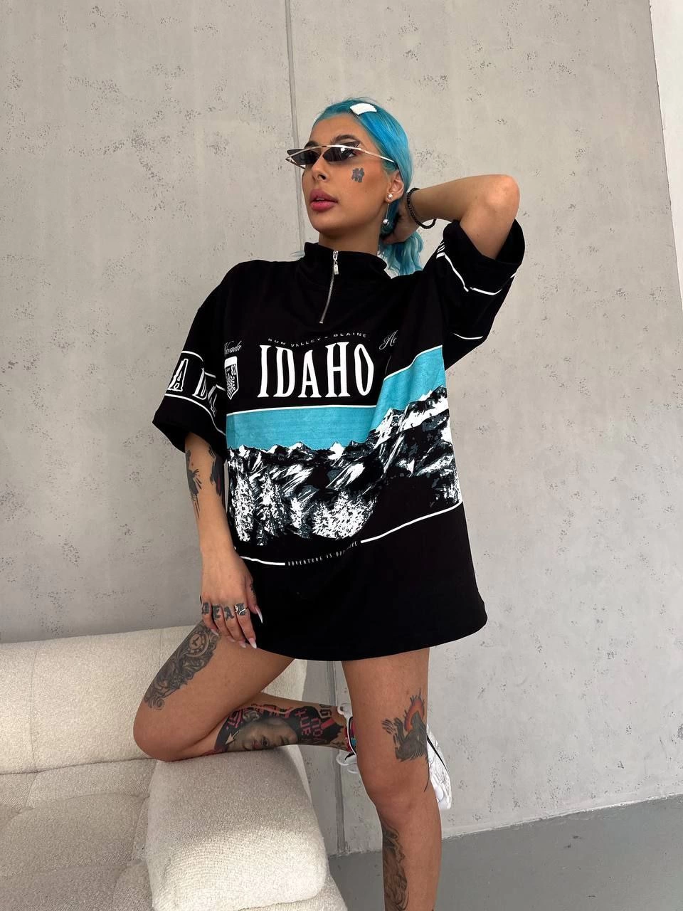 ASSEMA Kadın Baskılı Yarım Fermuarlı Kısa kol T-Shirt - Siyah