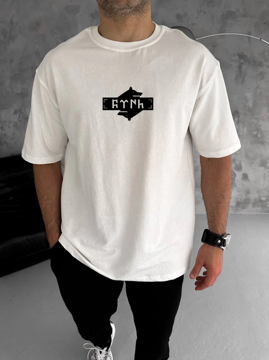 ASSEMA ERKEK Bisiklet Yaka Baskılı Double Oversize T-Shirt - Beyaz