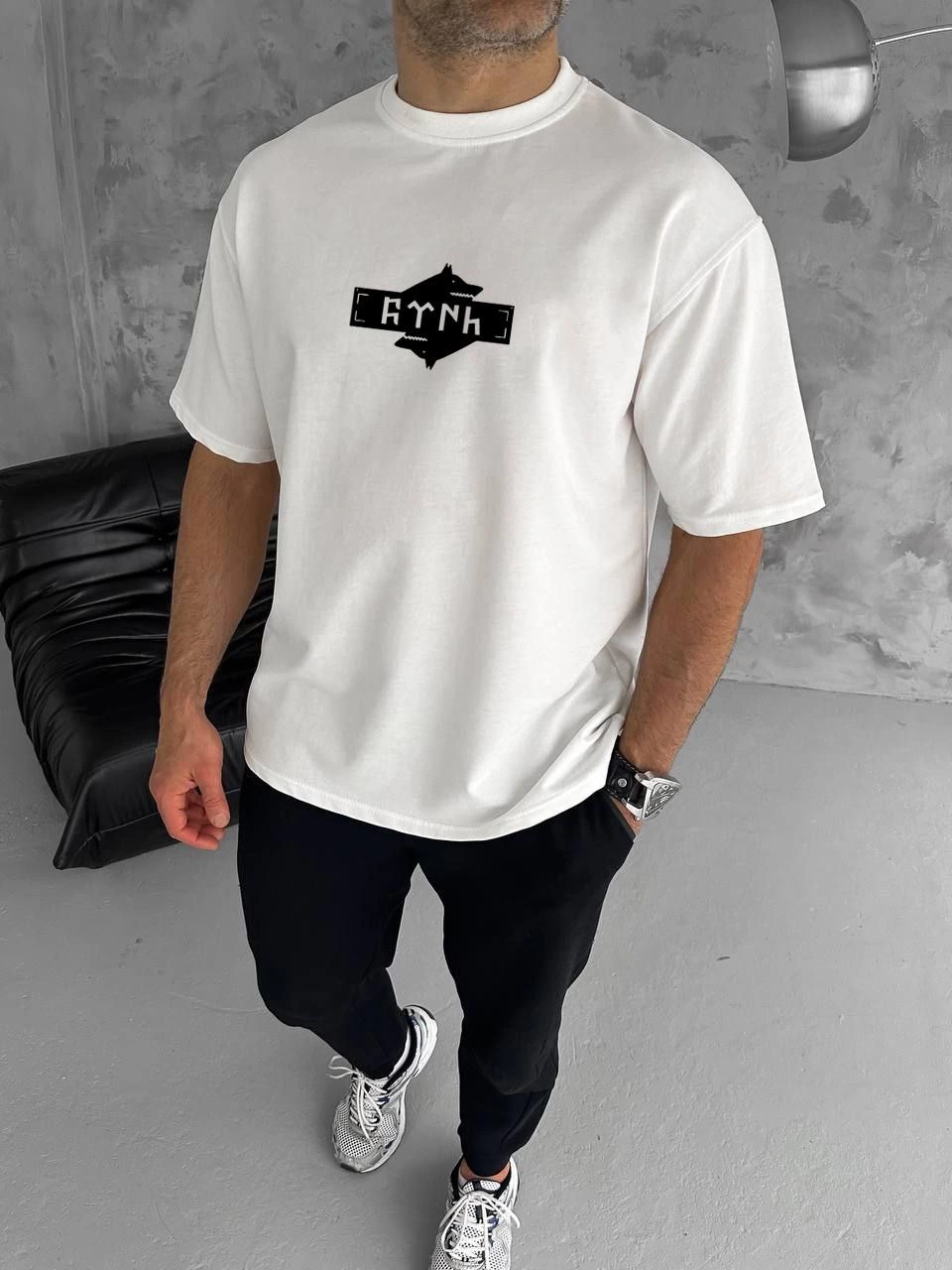 ASSEMA ERKEK Bisiklet Yaka Baskılı Double Oversize T-Shirt - Beyaz