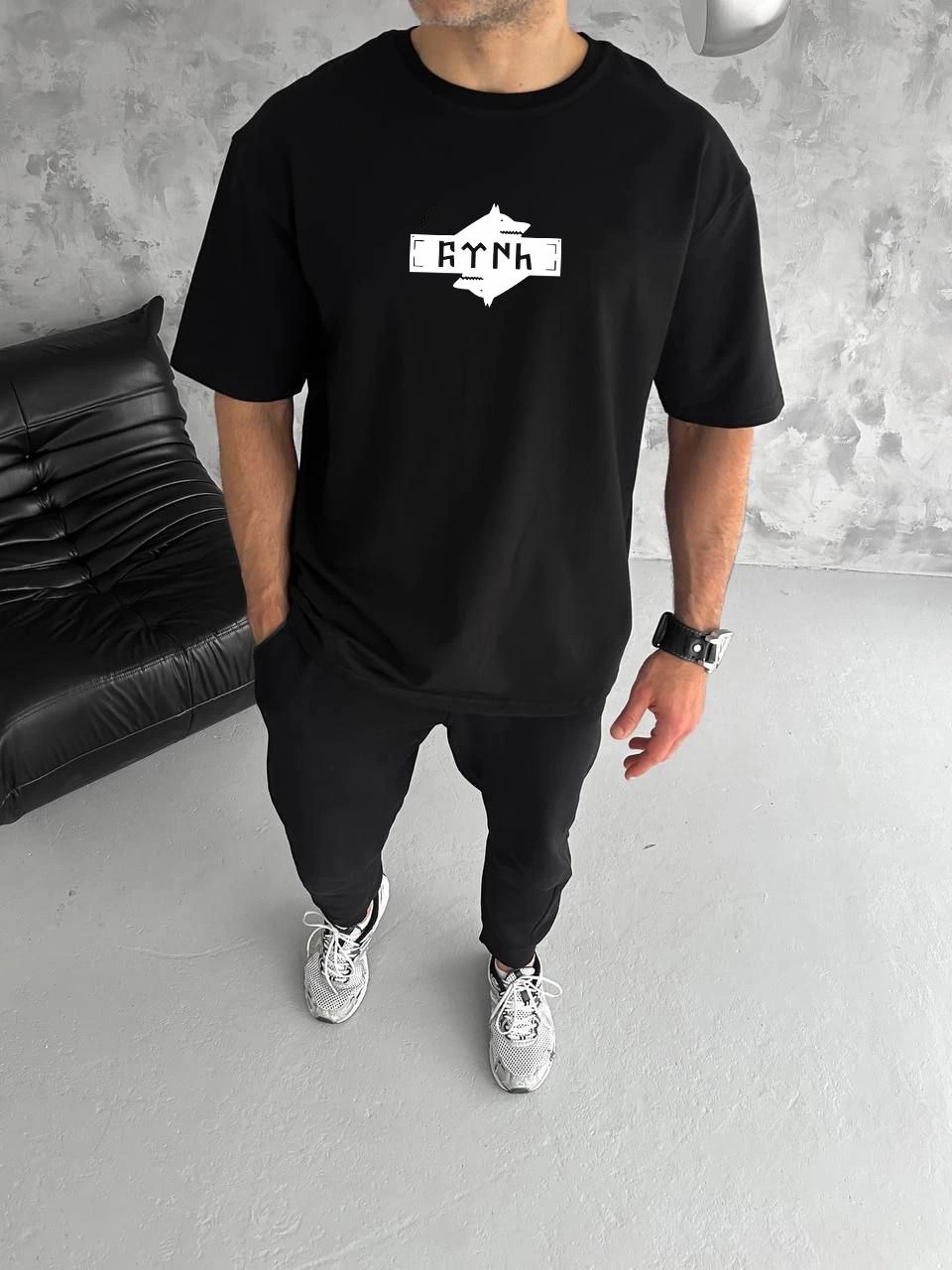ASSEMA ERKEK Bisiklet Yaka Baskılı Oversize T-Shirt - Siyah