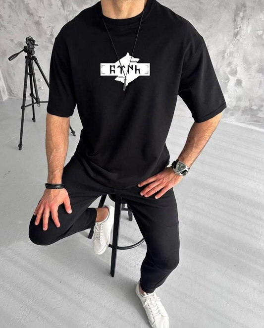 ASSEMA ERKEK Bisiklet Yaka Baskılı Oversize T-Shirt - Siyah