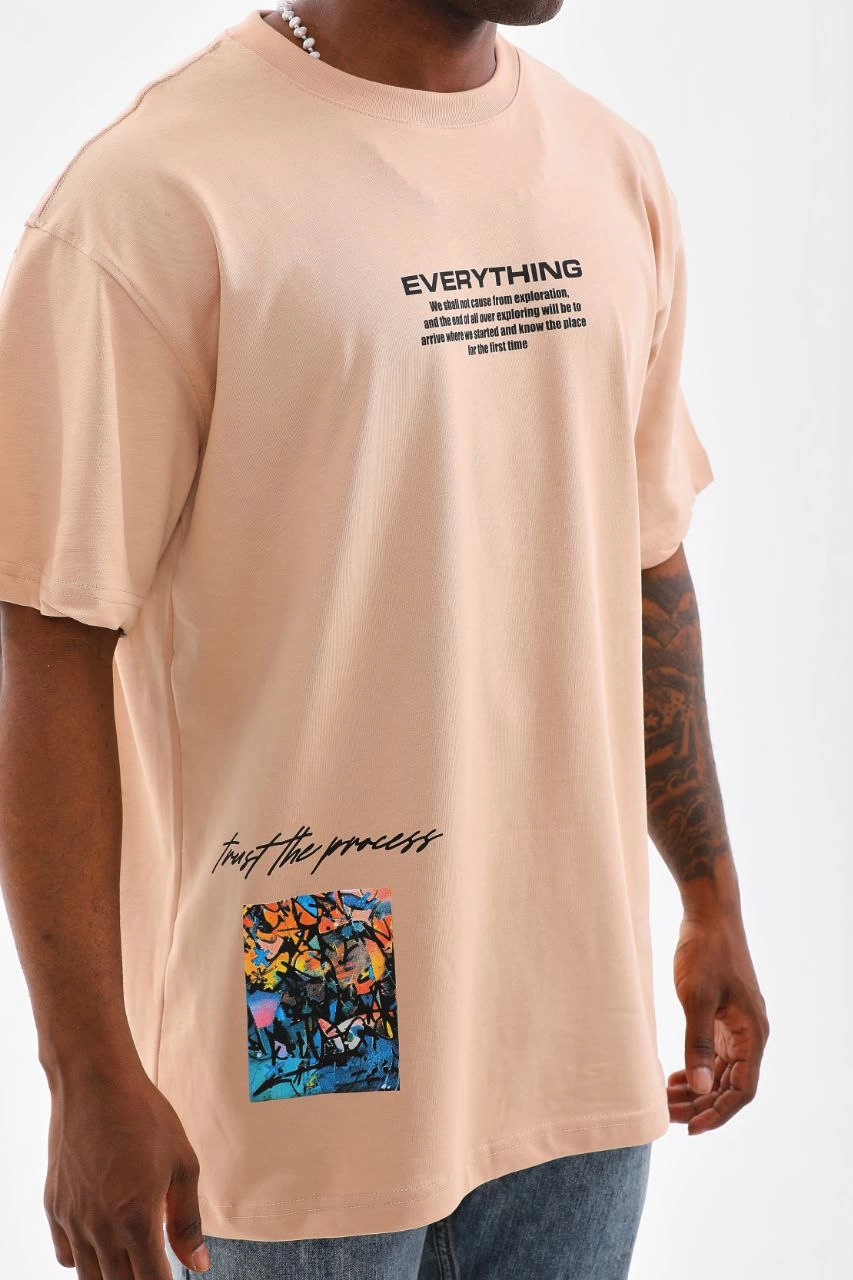 ASSEMA Erkek  Bisiklet Yaka Baskılı Oversize T-Shirt - Bej