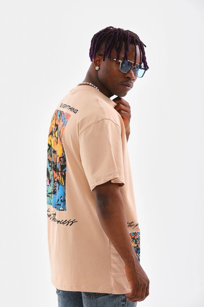 ASSEMA Erkek  Bisiklet Yaka Baskılı Oversize T-Shirt - Bej