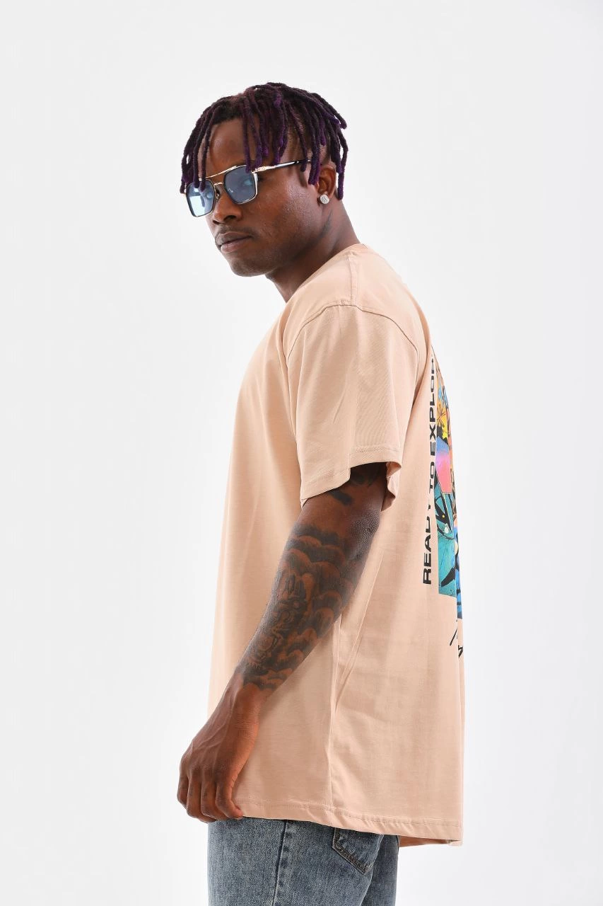 ASSEMA Erkek  Bisiklet Yaka Baskılı Oversize T-Shirt - Bej