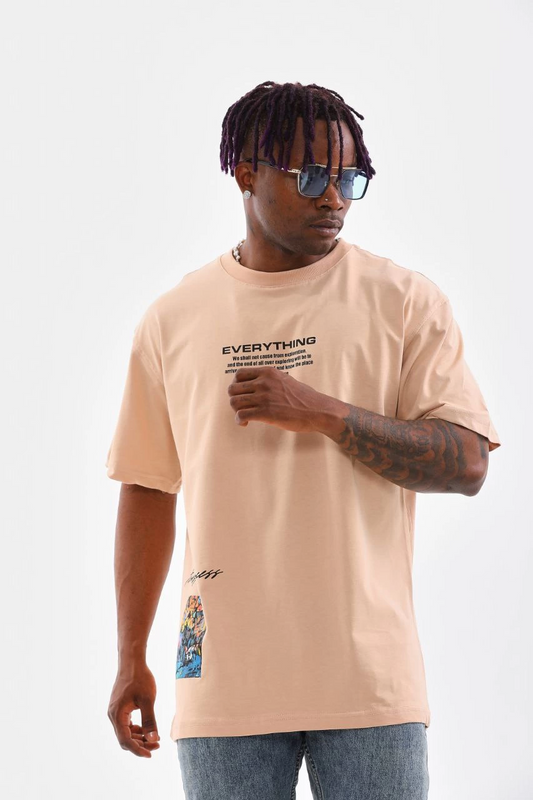 ASSEMA Erkek  Bisiklet Yaka Baskılı Oversize T-Shirt - Bej