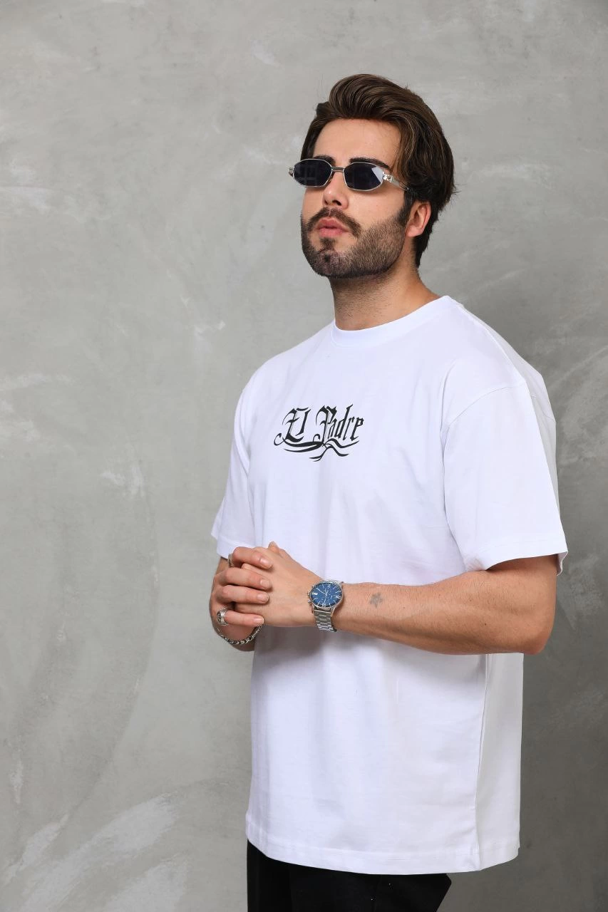 ASSEMA Erkek Bisiklet Yaka Baskılı Oversize T-Shirt - Beyaz