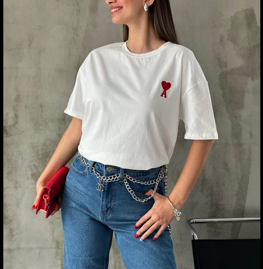ASSEMA kadın Bisiklet Yaka Baskılı Oversize Kısa Kol T-Shirt - Beyaz