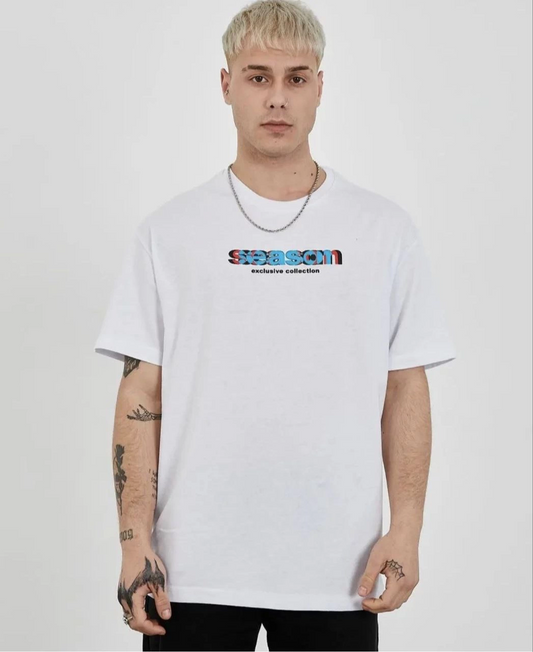 ASSEMA Erkek Bisiklet Yaka Baskılı  Kısa kol Oversize T-Shirt - Beyaz