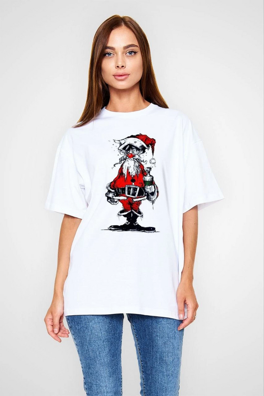 ASSEMA kadın Bisiklet Yaka Baskılı  Kısa kol Oversize T-Shirt - Beyaz