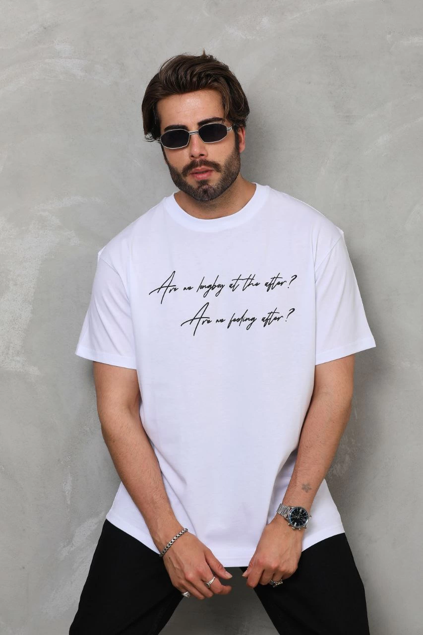 ASSEMA Erkek  Bisiklet Yaka Baskılı Oversize T-Shirt - Beyaz