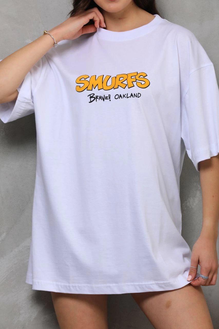 ASSEMA kadın Bisiklet Yaka Baskılı Oversize T-Shirt - Beyaz