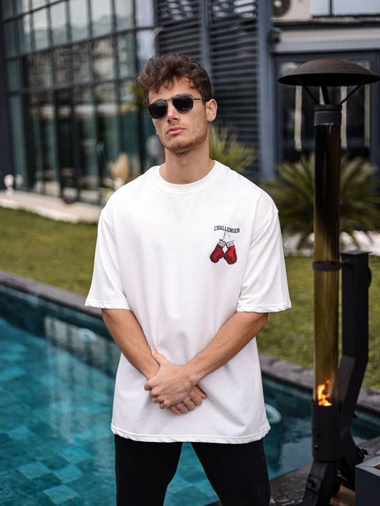 ASSEMA Erkek Bisiklet Yaka Baskılı Oversize T-Shirt - Beyaz