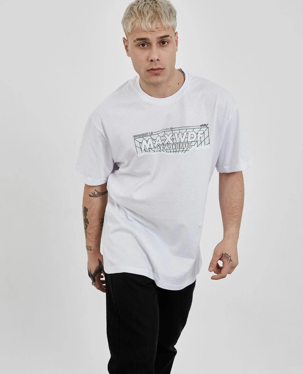 ASSEMA Erkek Bisiklet Yaka Baskılı Oversize Kısa kol T-Shirt - Beyaz
