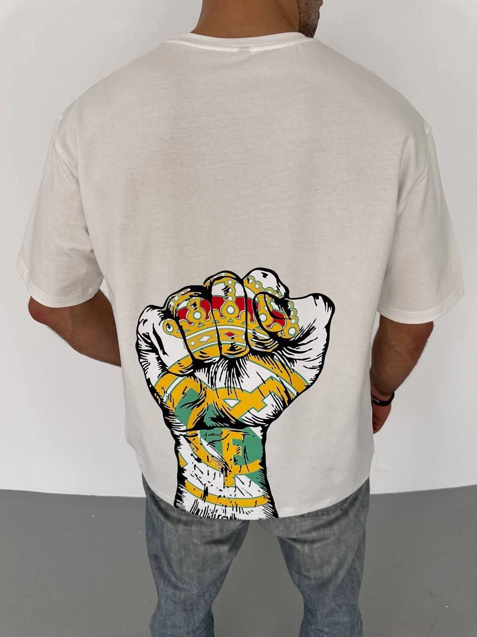 ASSEMA Erkek  Bisiklet Yaka Baskılı Oversize T-Shirt - Beyaz