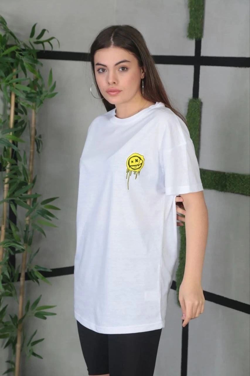 ASSEMA Kadın Bisiklet Yaka Baskılı  Kısa kol Oversize T-Shirt - Beyaz