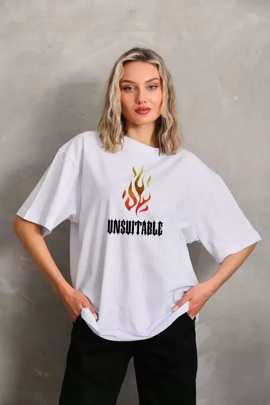 ASSEMA Kadın Baskılı T-Shirt Kısa Kol Bisiklet Yaka Oversize Rahat Kalıp Günlük Tişört   - Beyaz