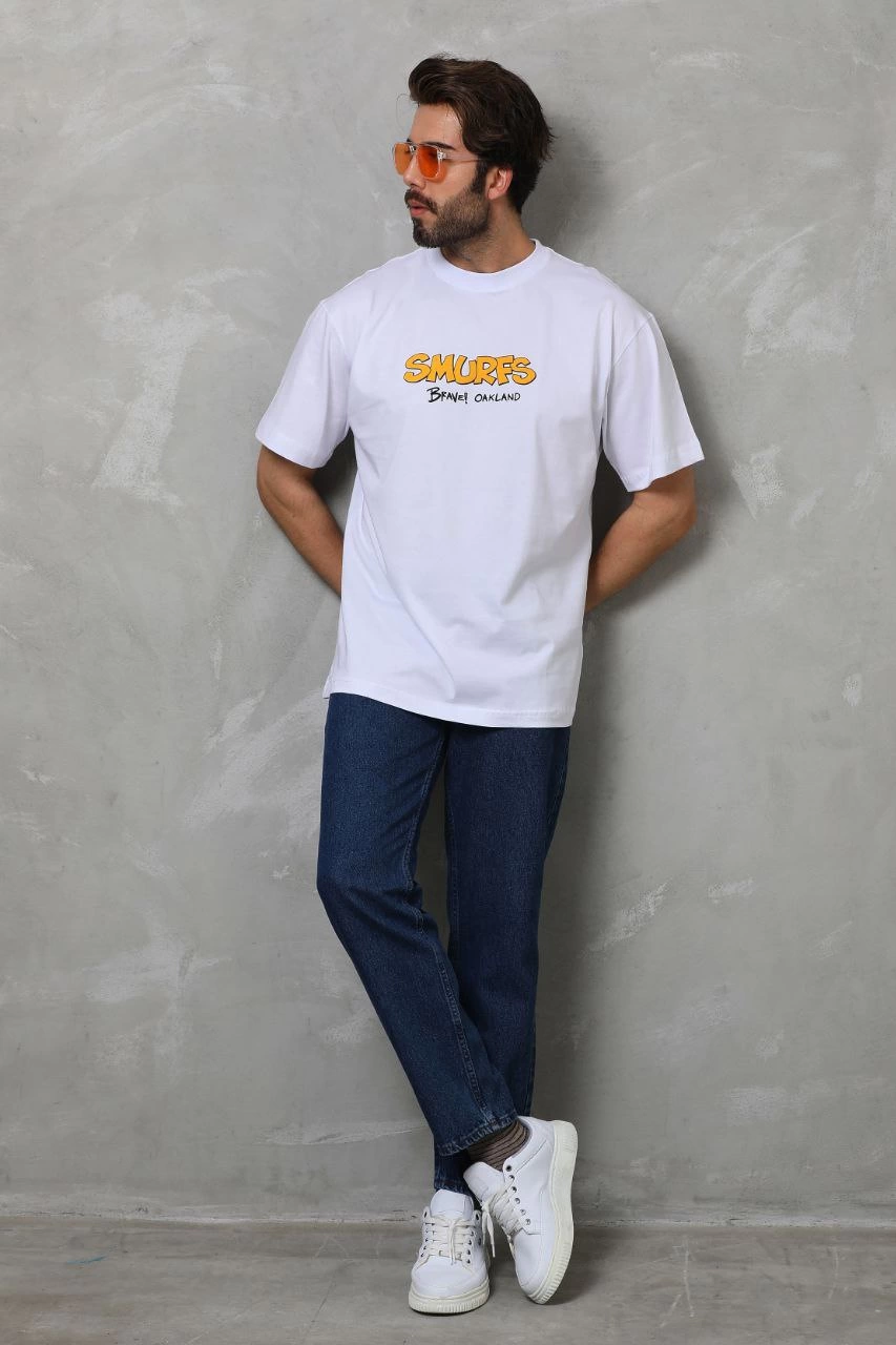 ASSEMA Erkek  Bisiklet Yaka Baskılı Oversize T-Shirt - Beyaz