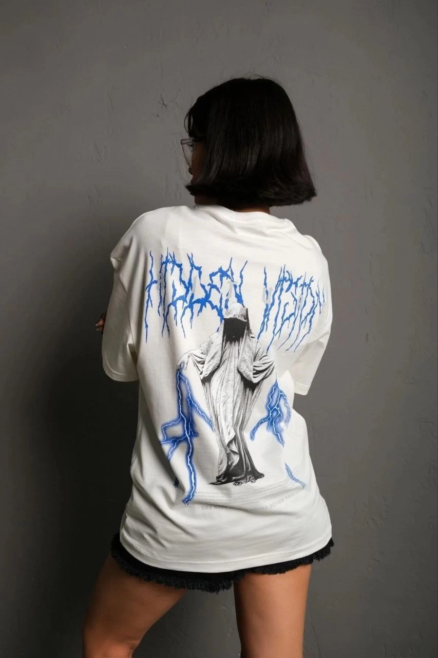 ASSEMA kadın Bisiklet Yaka Baskılı Oversize Kısa kol  T-Shirt - Beyaz