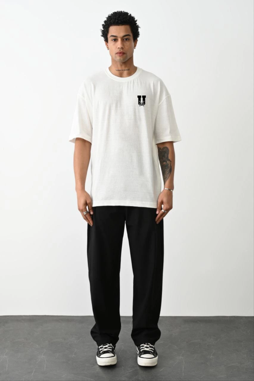 ASSEMA Erkek  Bisiklet Yaka Baskılı Oversize T-Shirt - Beyaz
