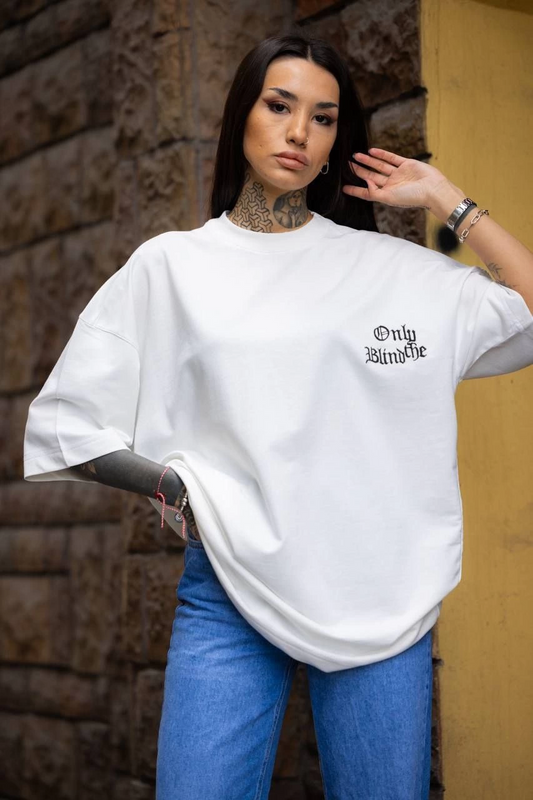 ASSEMA kadın Bisiklet Yaka Baskılı  Kısa kol Oversize T-Shirt - Beyaz