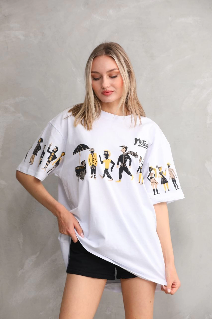 ASSEMA kadın  Bisiklet Yaka Baskılı Oversize T-Shirt - Beyaz