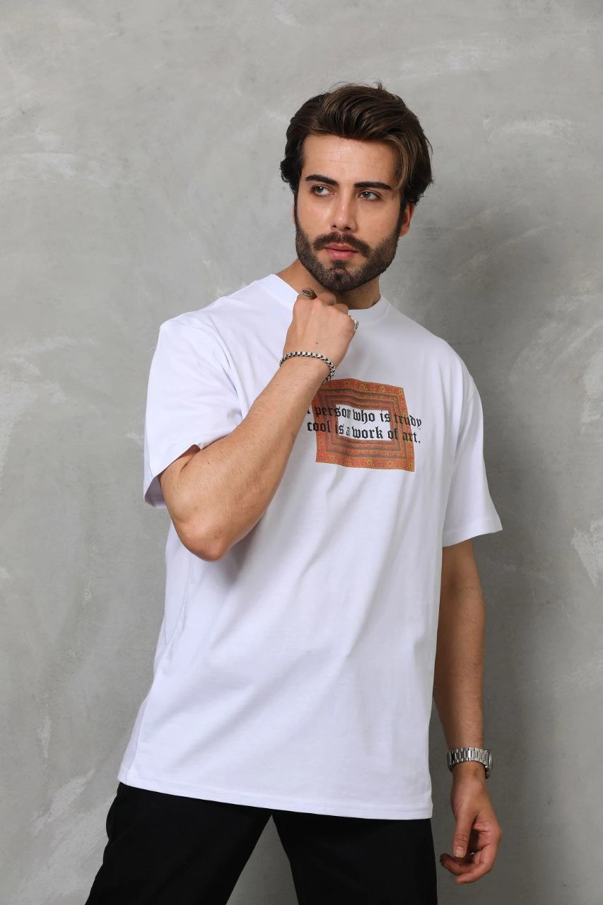 ASSEMA Erkek Baskılı T-Shirt Kısa Kol Bisiklet Yaka Regular Fit Rahat Kalıp Tişört -  Beyaz