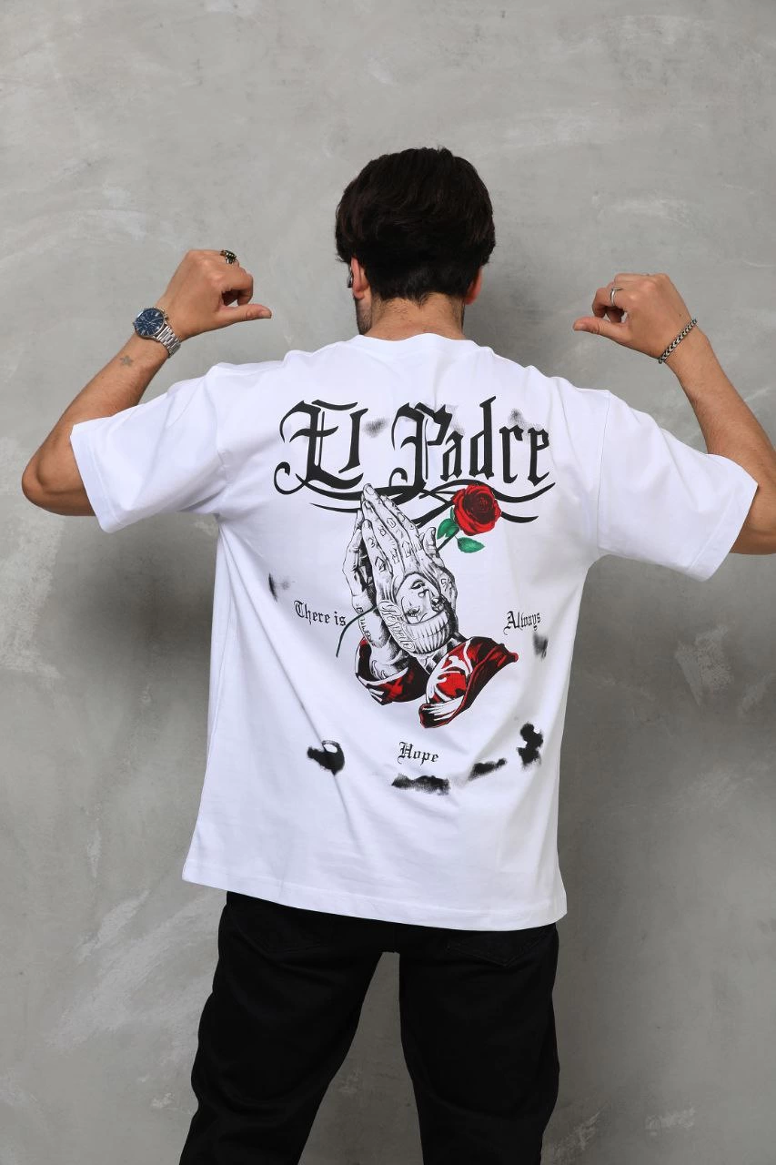 ASSEMA Erkek Bisiklet Yaka Baskılı Oversize T-Shirt - Beyaz