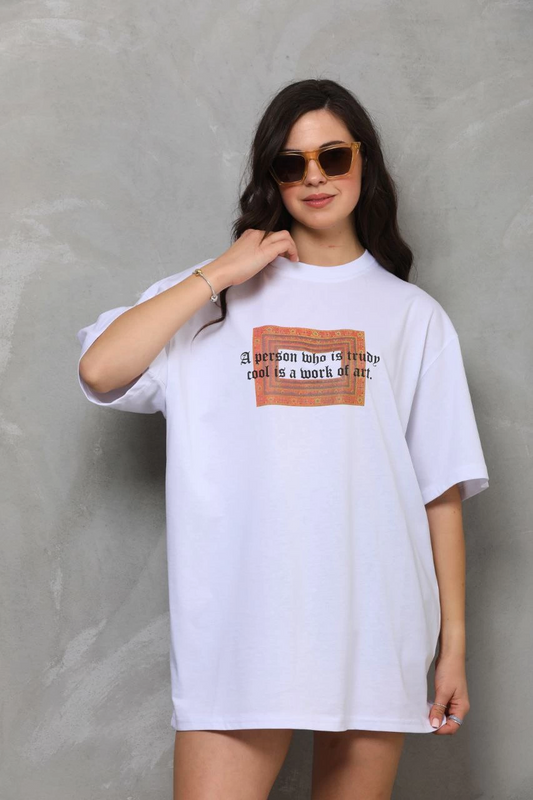 ASSEMA Kadın Baskılı T-Shirt Kısa Kol Bisiklet Yaka Ovarsize Rahat Kalıp Tişört -  Beyaz