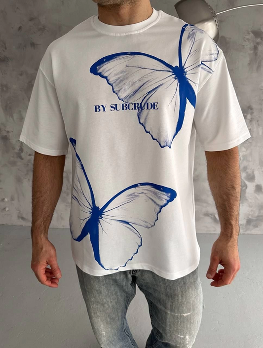 ASSEMA Erkek  Bisiklet Yaka Baskılı Oversize T-Shirt - Beyaz