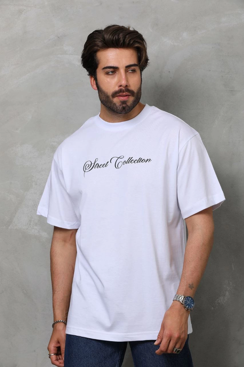 ASSEMA Unisex Bisiklet Yaka Baskılı Oversize T-Shirt - Beyaz