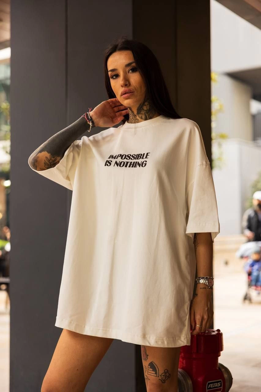 ASSEMA Kadın Bisiklet Yaka Baskılı Oversize  Kısa kol T-Shirt - Beyaz