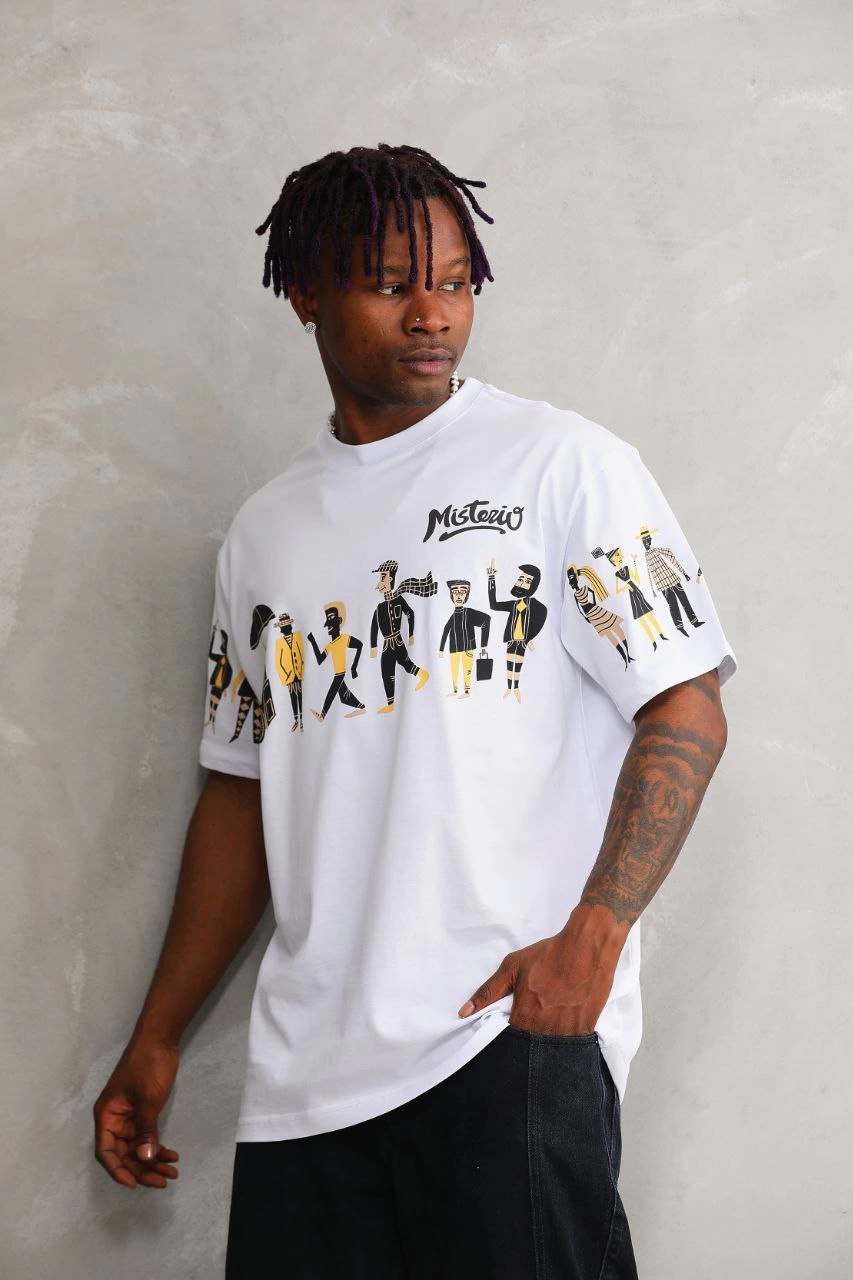 ASSEMA Erkek  Bisiklet Yaka Baskılı Oversize T-Shirt - Beyaz