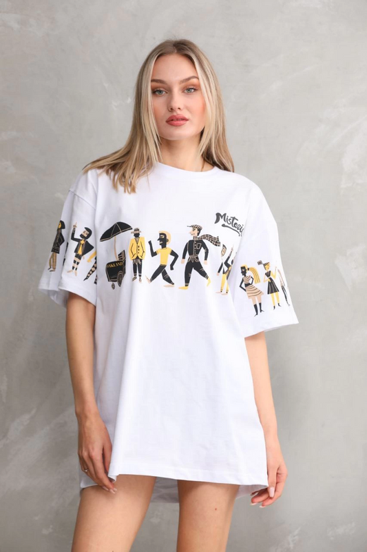 ASSEMA kadın  Bisiklet Yaka Baskılı Oversize T-Shirt - Beyaz