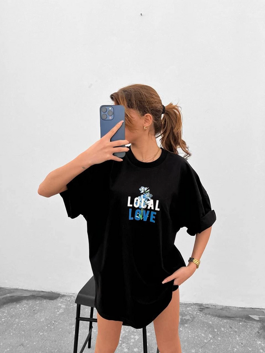 ASSEMA kadın Bisiklet Yaka Baskılı Kısa kol Oversize T-Shirt - Siyah
